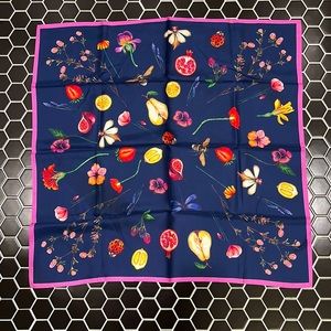Flower, fruit, and critter square silk scarf